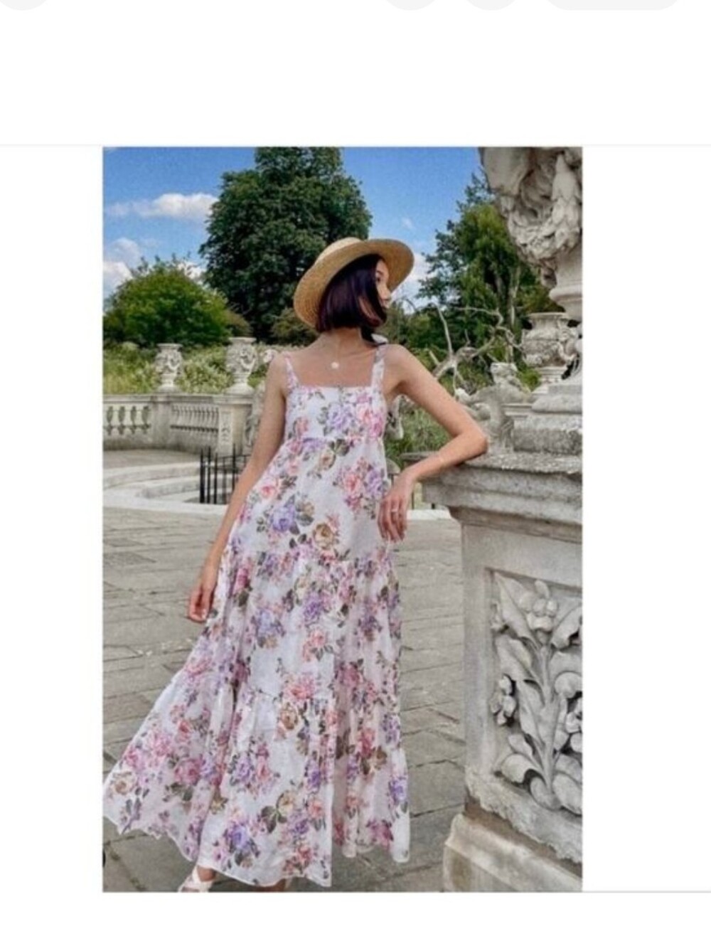 House of Harlow 1960 White Floral Tiered Maxi Dress with Pink & Purple Blooms